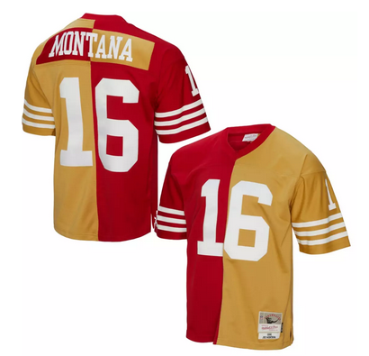 Men's San Francisco 49ers #16 Joe Montana Red Gold Split 1990 Throwback Stitched Jersey Men's San Francisco 49ers #16 Joe Montana Red Gold Split 1990 Throwback Stitched Jersey